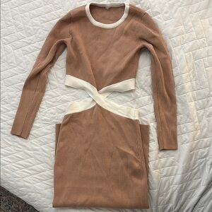 Tan and Cream Ribbed Knit Dress